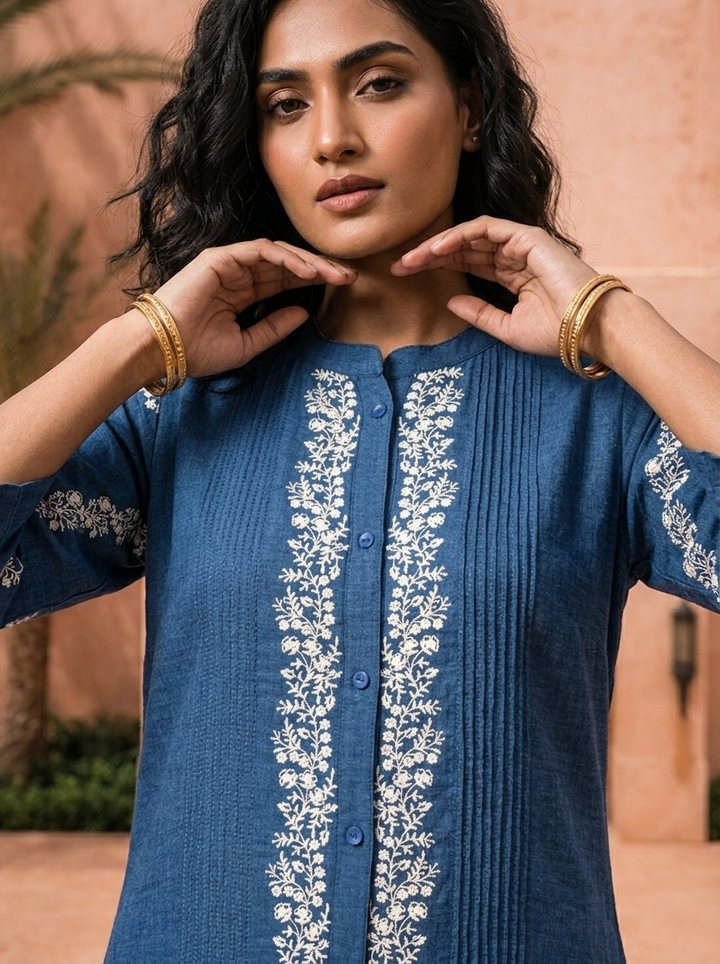 Indigo Blue Thread Embroidered Rayon Two Piece Set