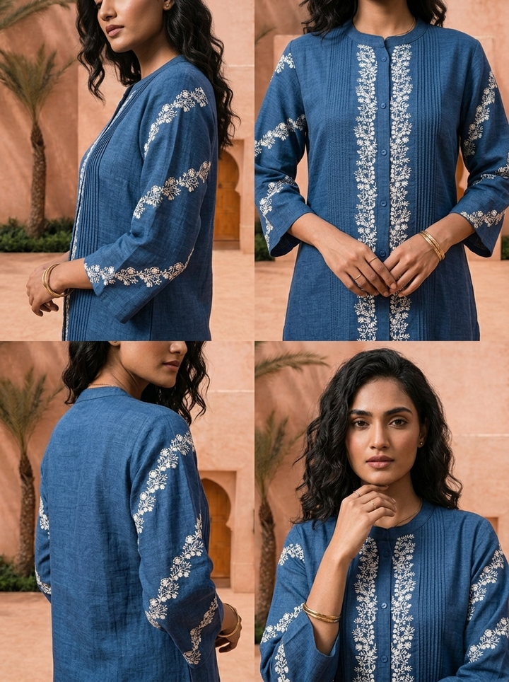 Indigo Blue Thread Embroidered Rayon Two Piece Set