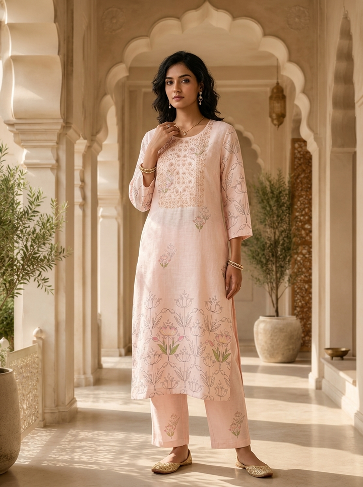 Baby Pink Linen Beads Embroidery And Solid Design Two Piece Set