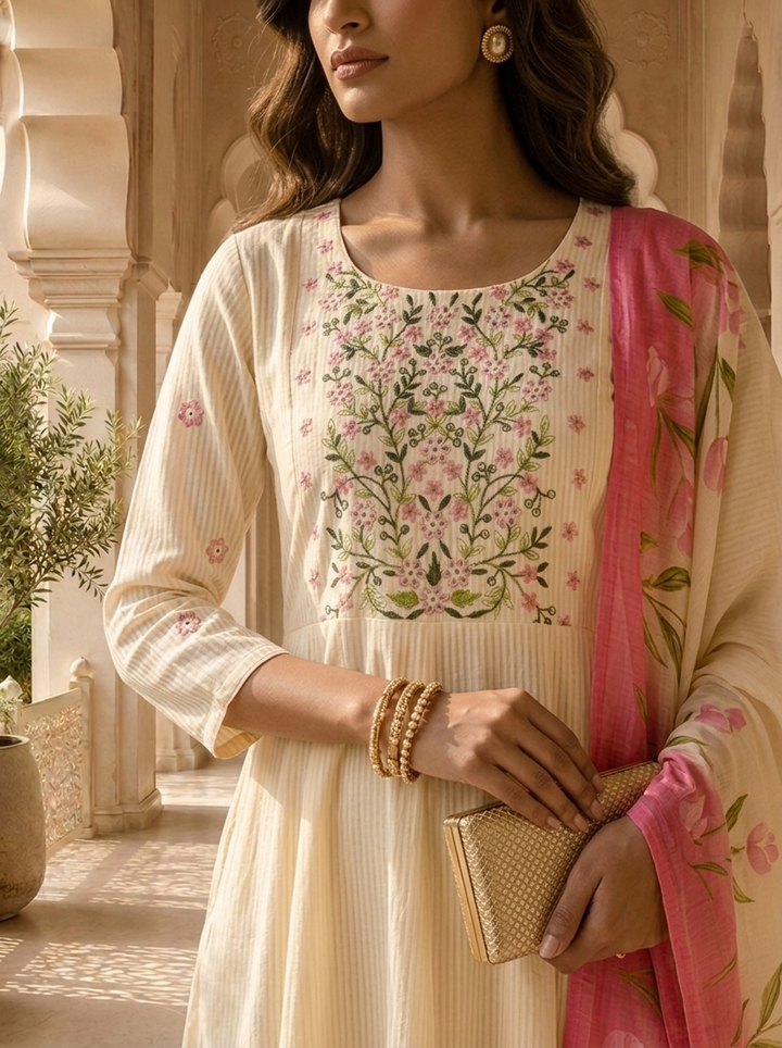 Cream And Pink Stripe Printed And Floral Thread Embroidery Three Piece Set