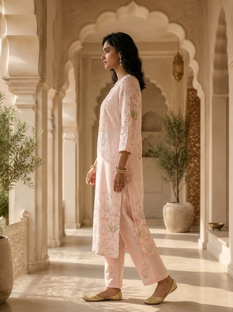 Baby Pink Linen Beads Embroidery And Solid Design Two Piece Set