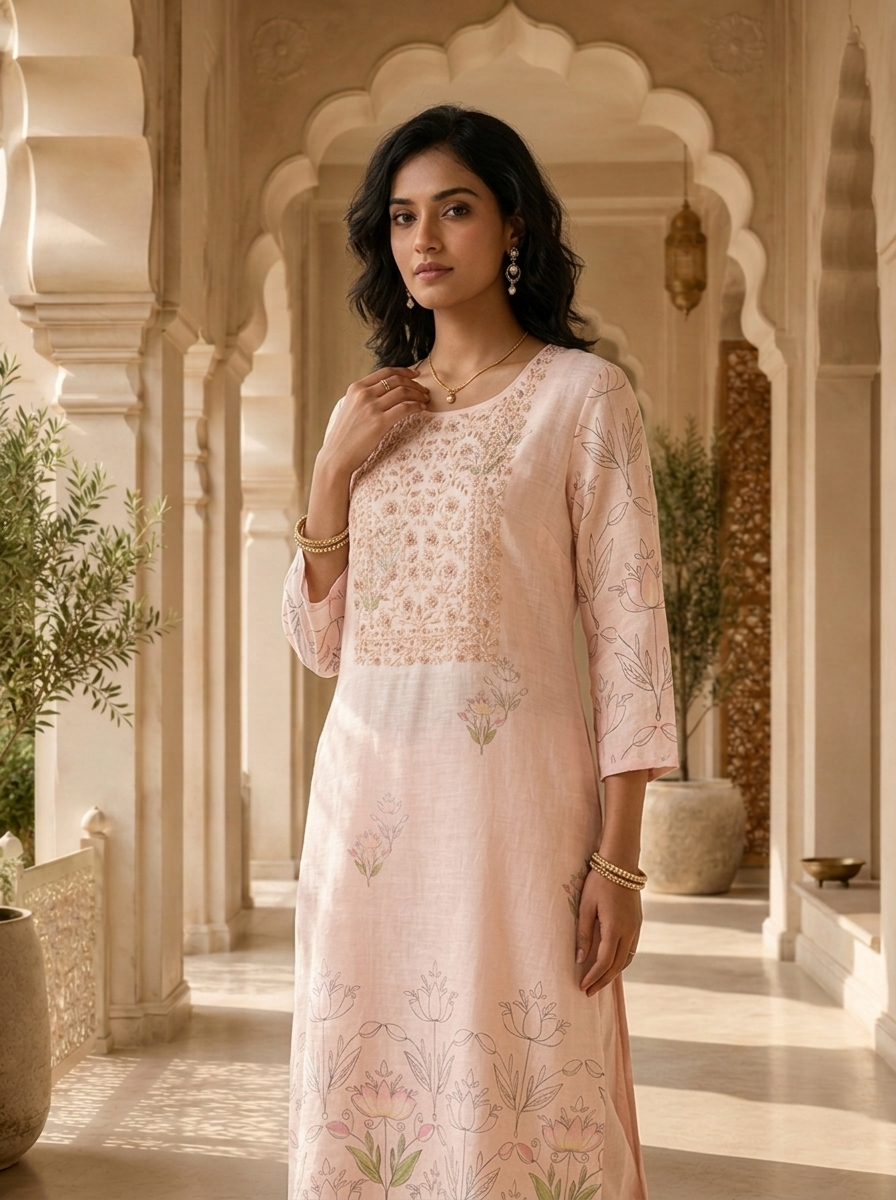Baby Pink Linen Beads Embroidery And Solid Design Two Piece Set