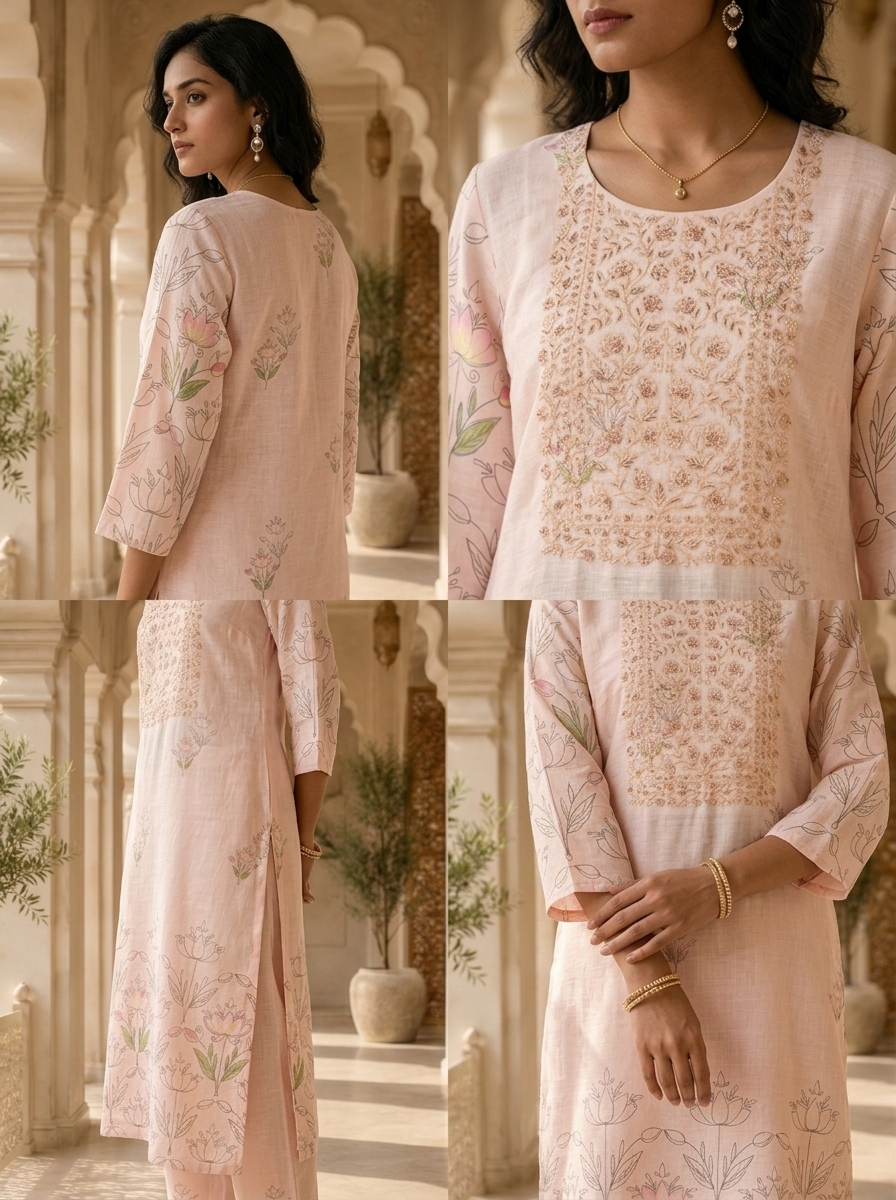 Baby Pink Linen Beads Embroidery And Solid Design Two Piece Set