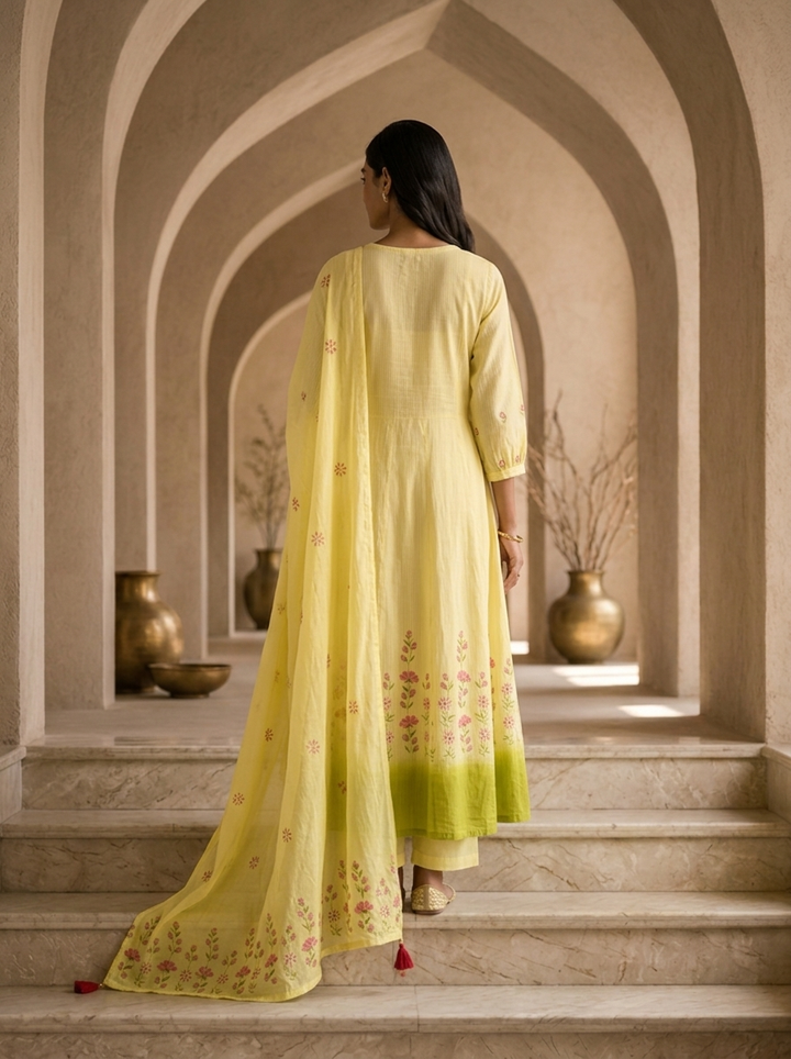 Lemon Cotton Floral Hand Thread Embroidery Three Piece Set