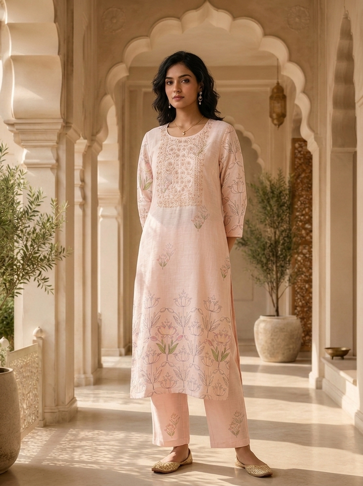 Baby Pink Linen Beads Embroidery And Solid Design Two Piece Set