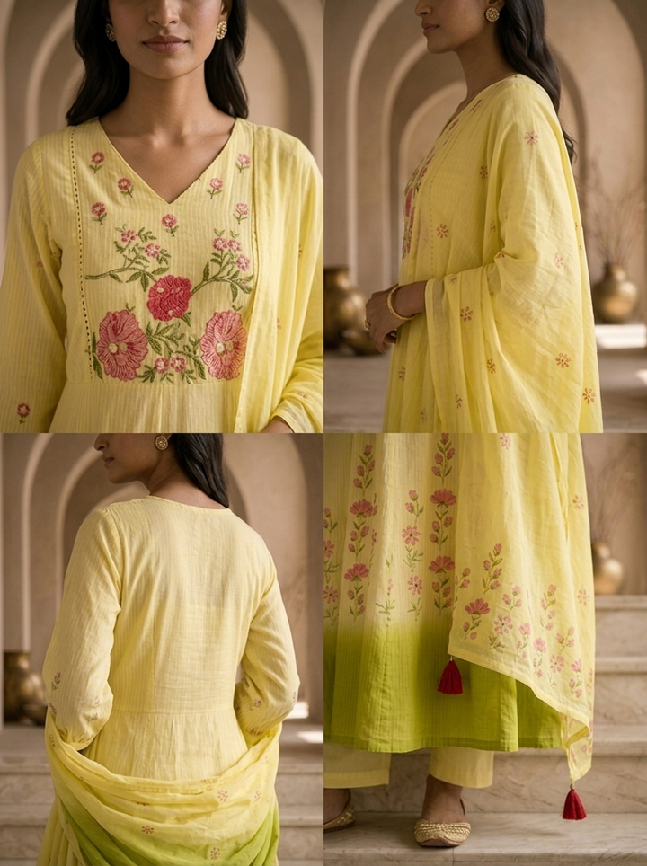 Lemon Cotton Floral Hand Thread Embroidery Three Piece Set