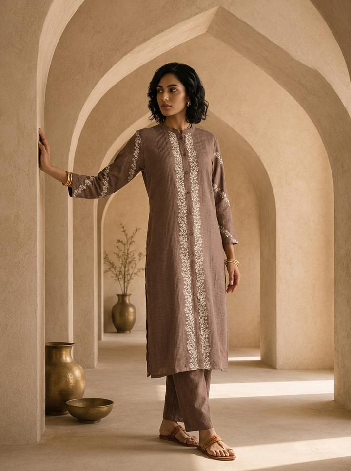 Brown Thread Embroidered Rayon Two Piece Set