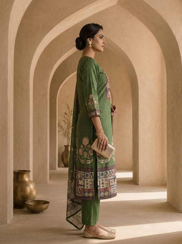 Olive Digital Printed And Solid Design Rayon Three Piece Set