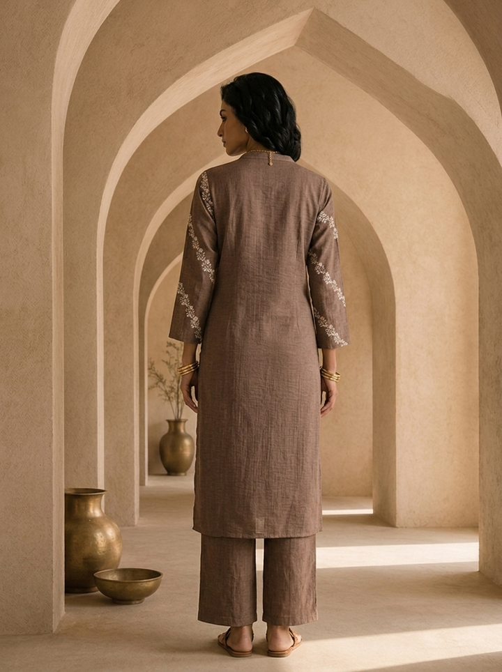 Brown Thread Embroidered Rayon Two Piece Set