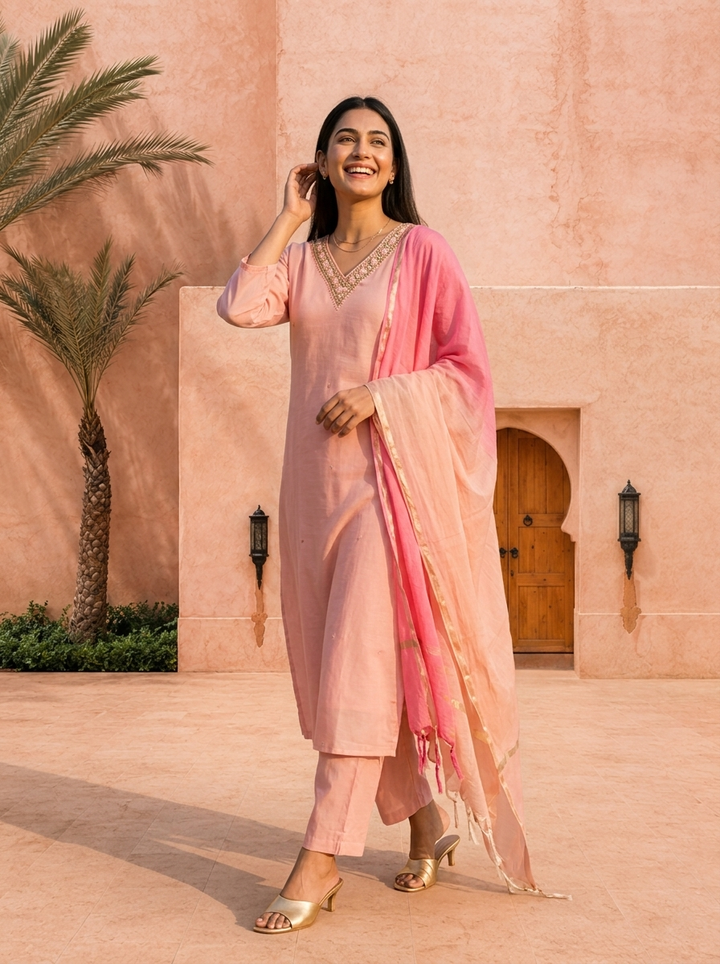 Baby Pink Chanderi Beads And Thread Embroidery Three Piece Set