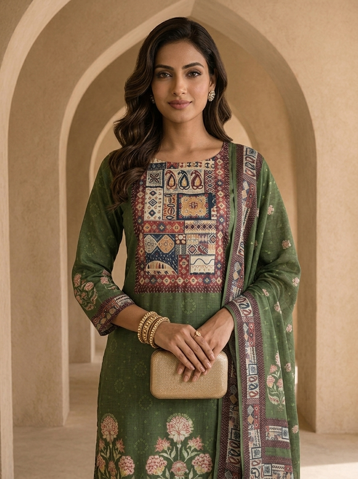 Olive Digital Printed And Solid Design Rayon Three Piece Set