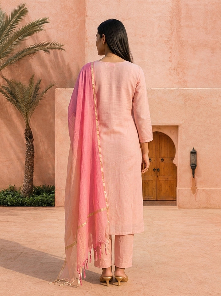 Baby Pink Chanderi Beads And Thread Embroidery Three Piece Set