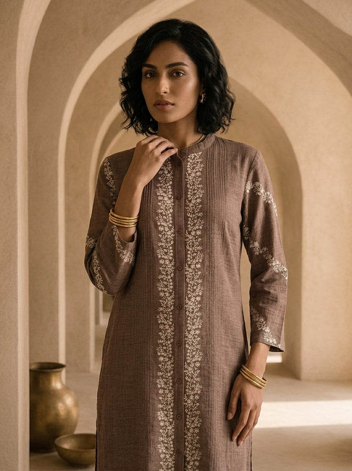 Brown Thread Embroidered Rayon Two Piece Set
