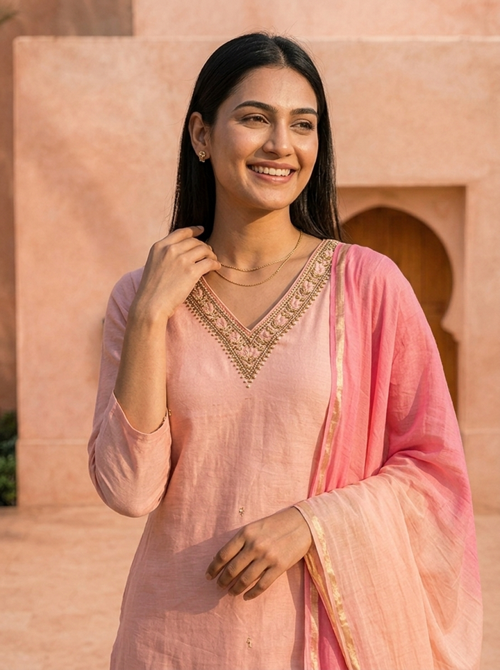 Baby Pink Chanderi Beads And Thread Embroidery Three Piece Set