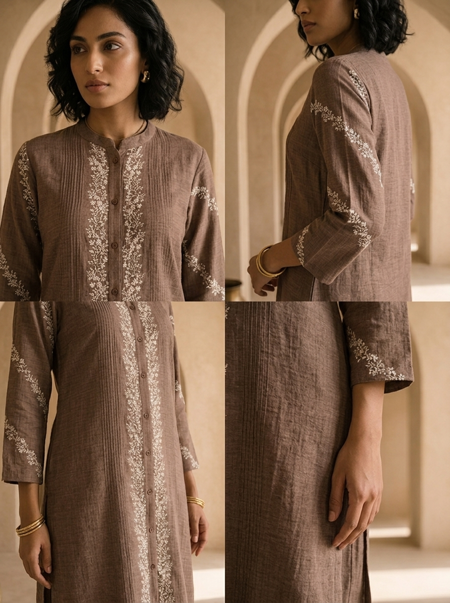 Brown Thread Embroidered Rayon Two Piece Set