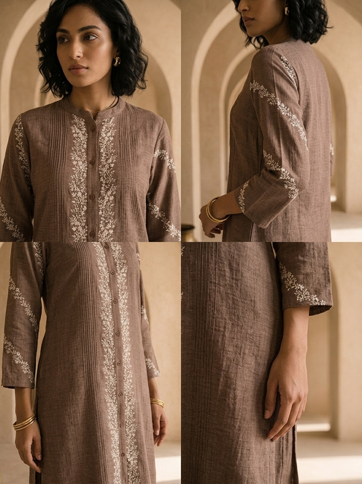 Brown Thread Embroidered Rayon Two Piece Set
