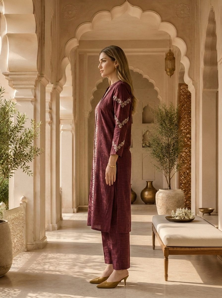 Wine Thread Embroidered Rayon Two Piece Set