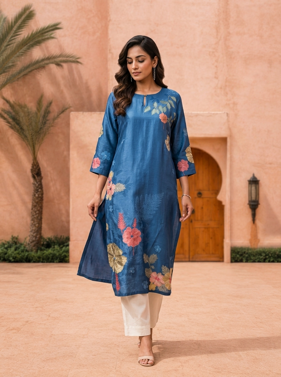 Blue Floral Digital Printed Straight Kurta