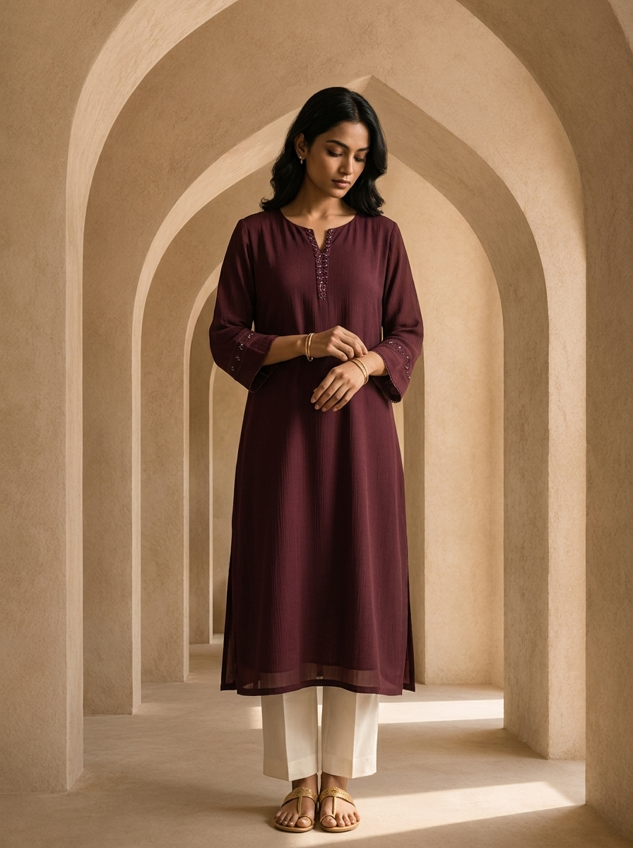 Wine Hand Embroidery And Solid Design Chinon Kurta