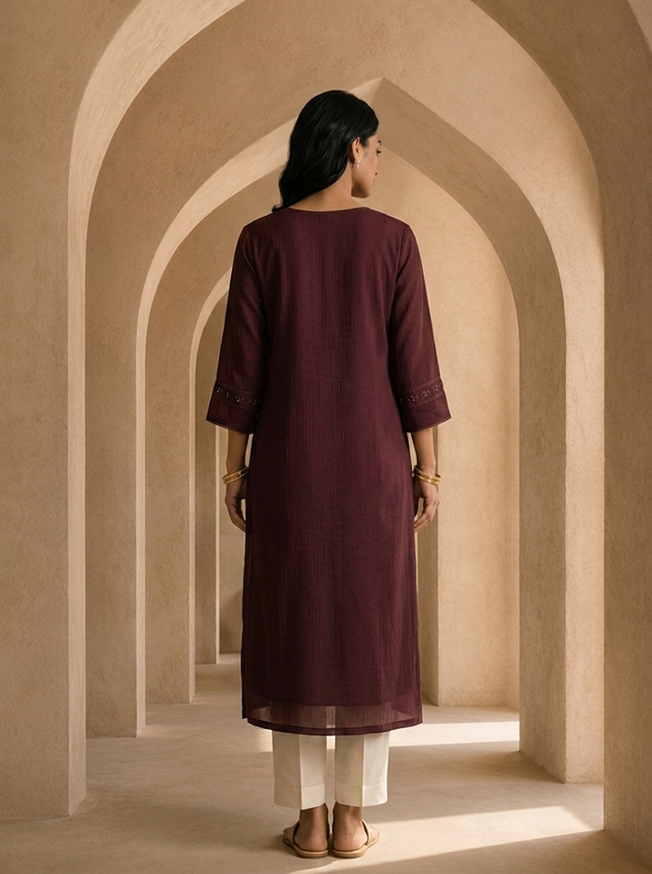 Wine Hand Embroidery And Solid Design Chinon Kurta