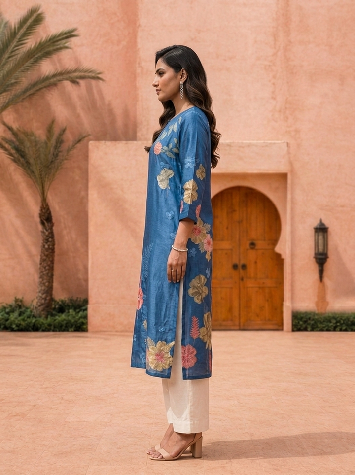 Blue Floral Digital Printed Straight Kurta
