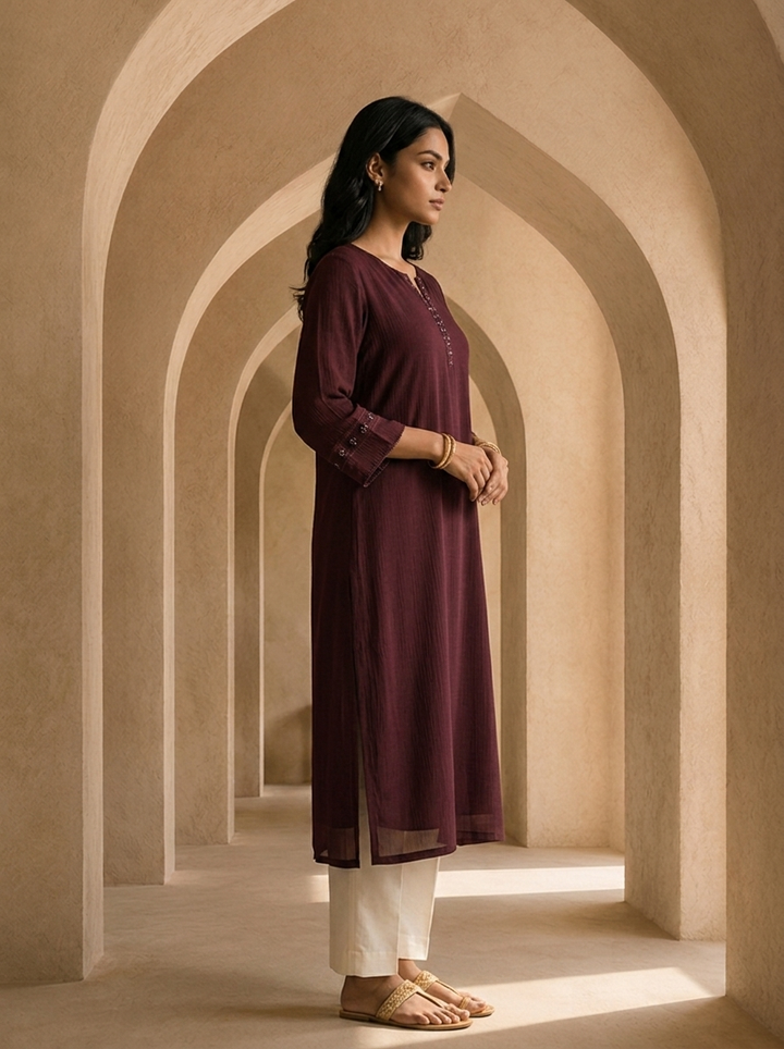 Wine Hand Embroidery And Solid Design Chinon Kurta