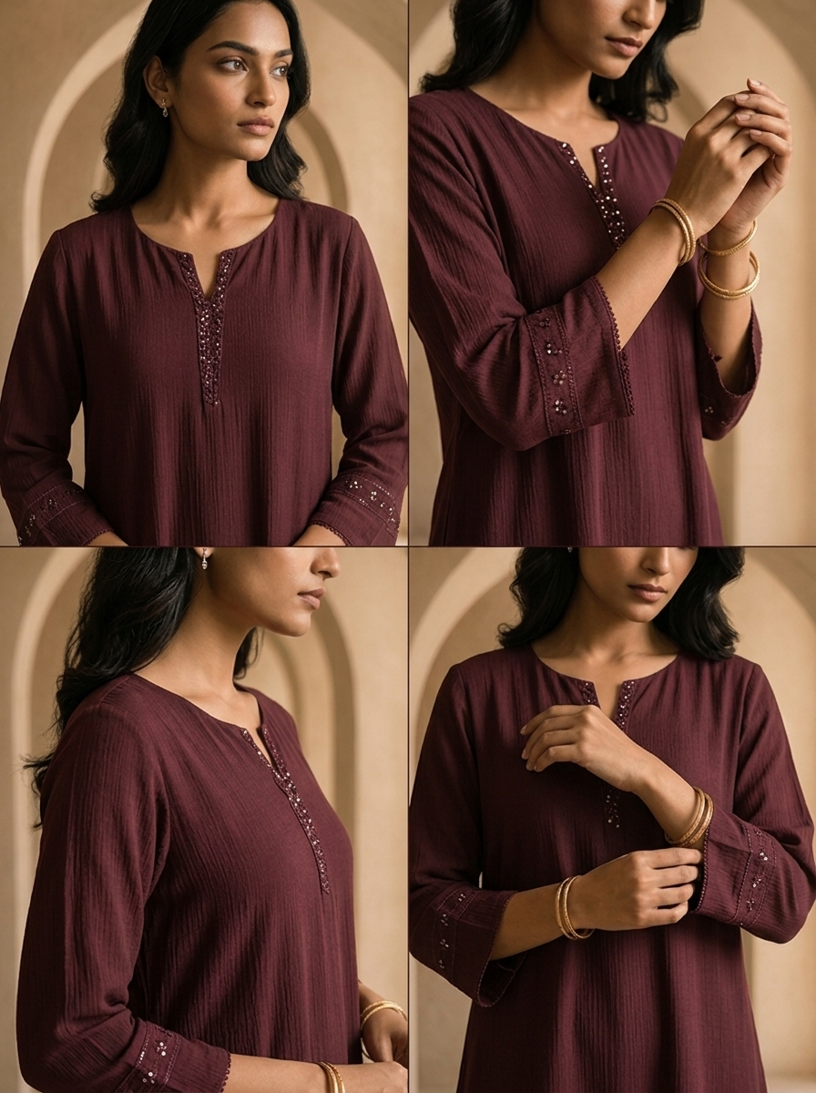 Wine Hand Embroidery And Solid Design Chinon Kurta