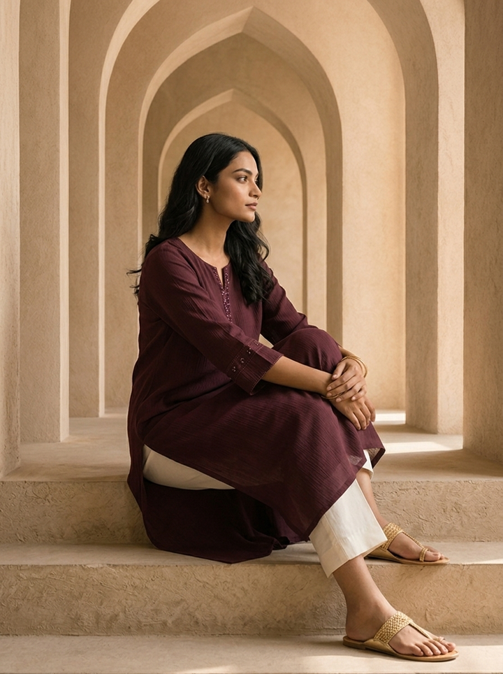 Wine Hand Embroidery And Solid Design Chinon Kurta