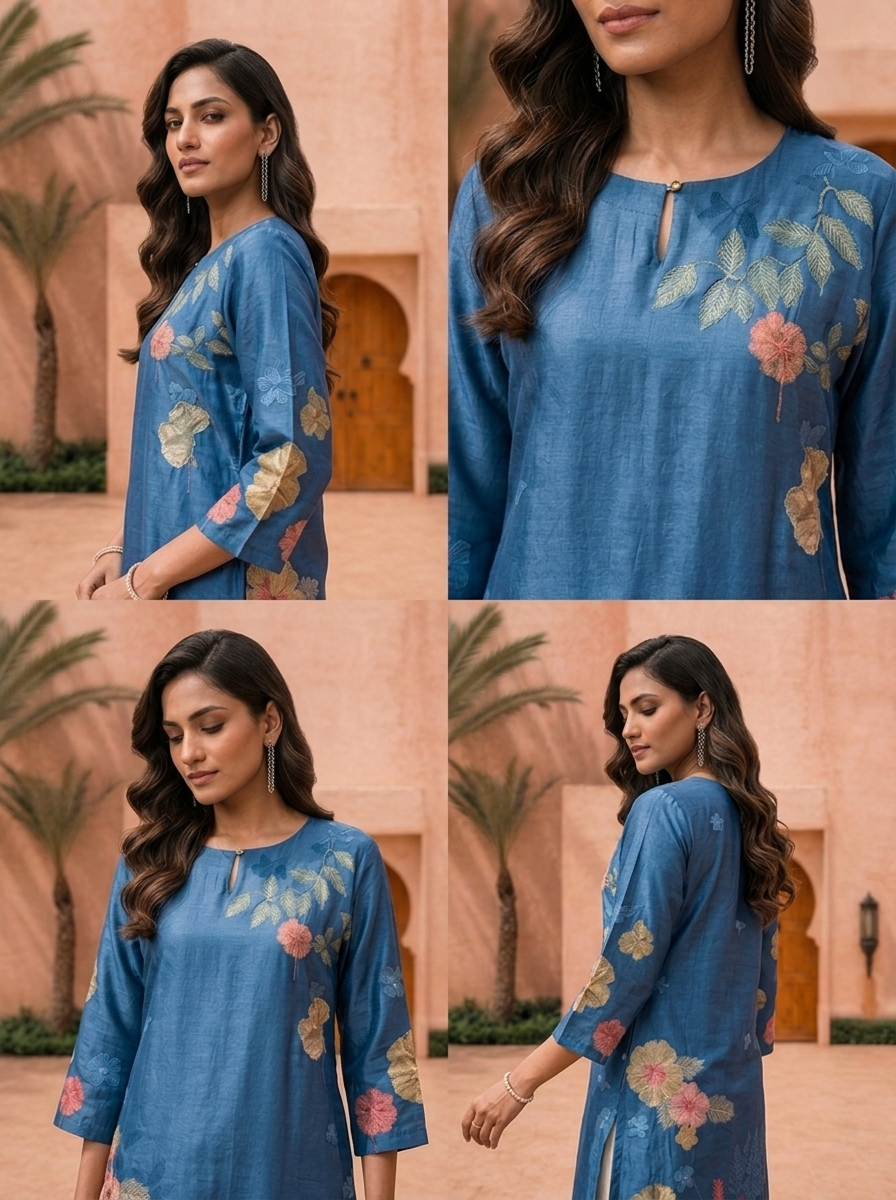 Blue Floral Digital Printed Straight Kurta