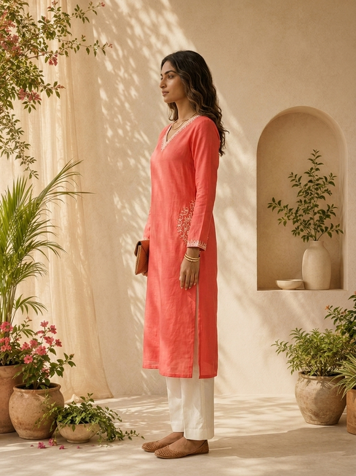 Tomato Modal Hand Thread Embroidery Kurta