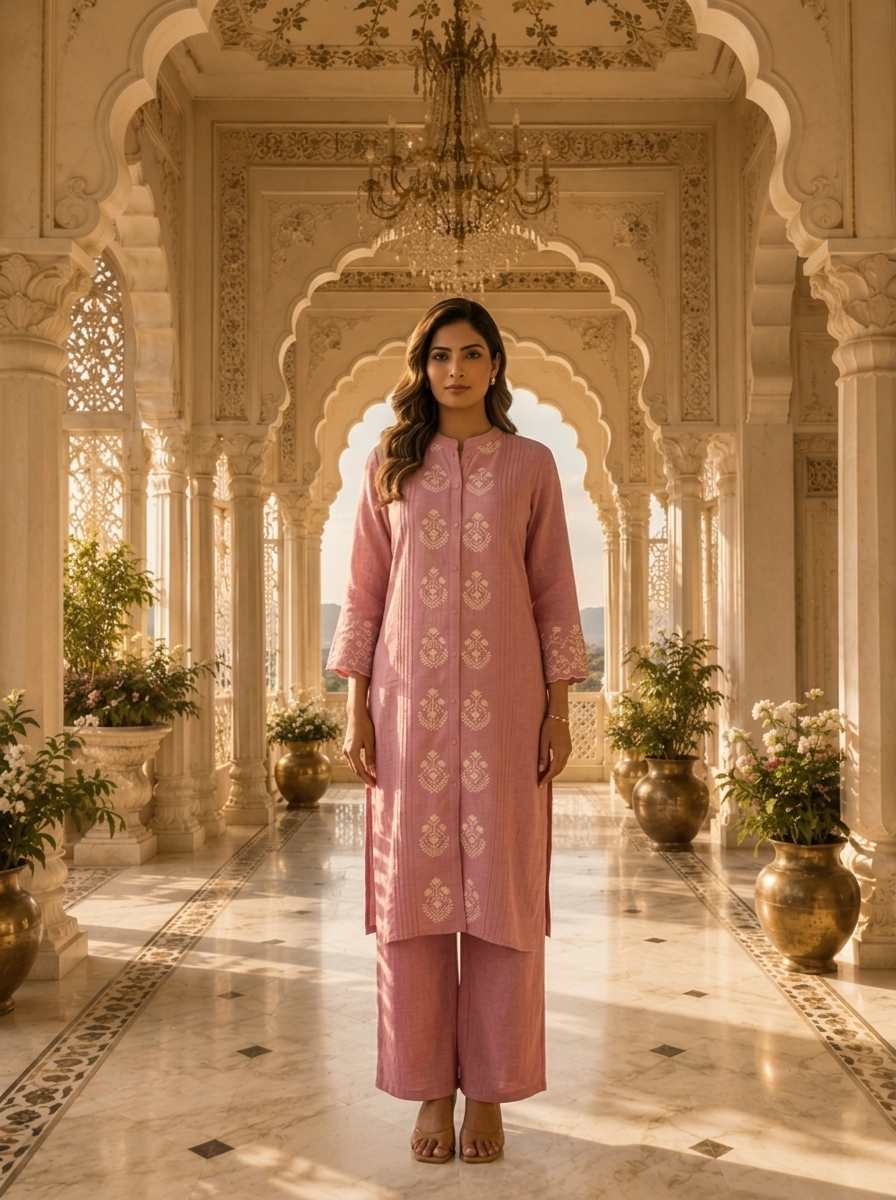 Lilac Rayon Ethnic Floral Embroidery Two Piece Set