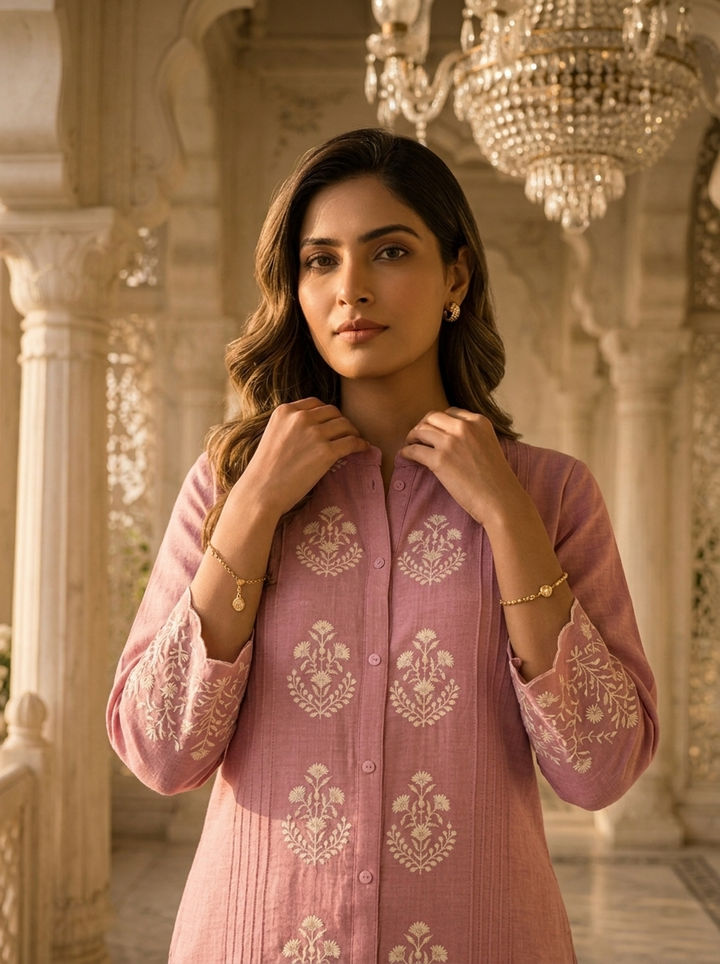 Lilac Rayon Ethnic Floral Embroidery Two Piece Set