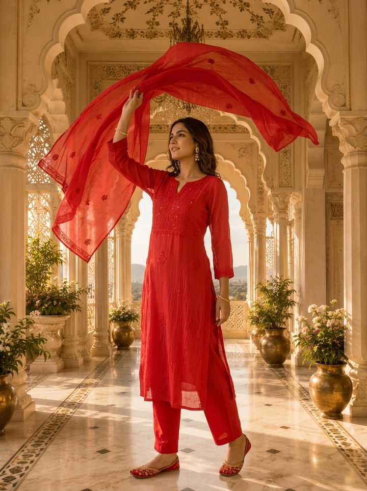Bright Red Cotton Embroidery Three Piece Set