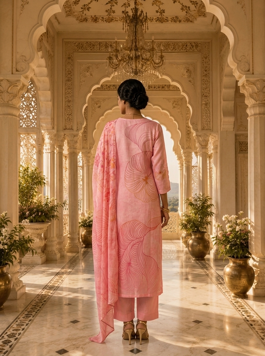 Baby Pink Rayon Floral Printed Three Piece Set