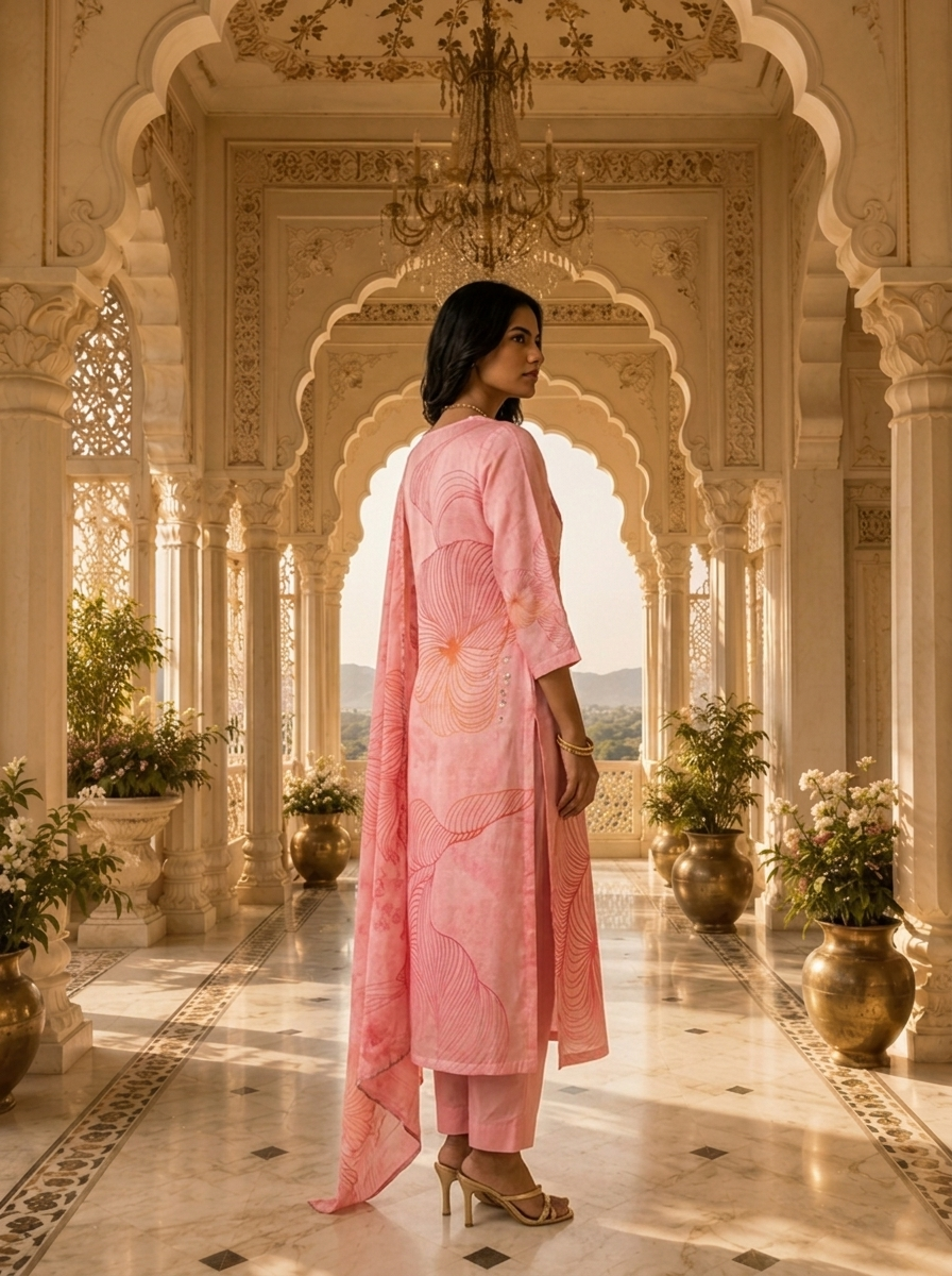 Baby Pink Rayon Floral Printed Three Piece Set