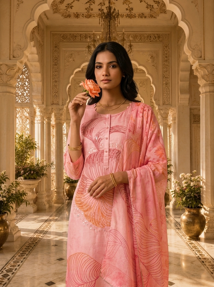 Baby Pink Rayon Floral Printed Three Piece Set