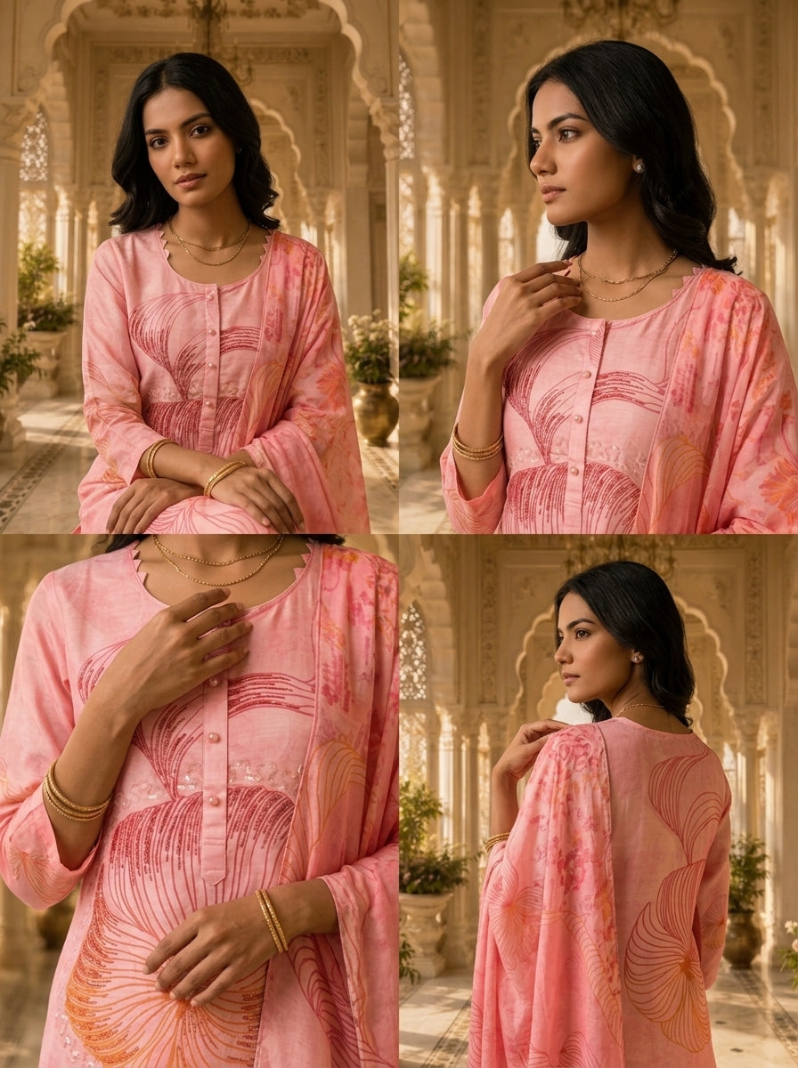 Baby Pink Rayon Floral Printed Three Piece Set