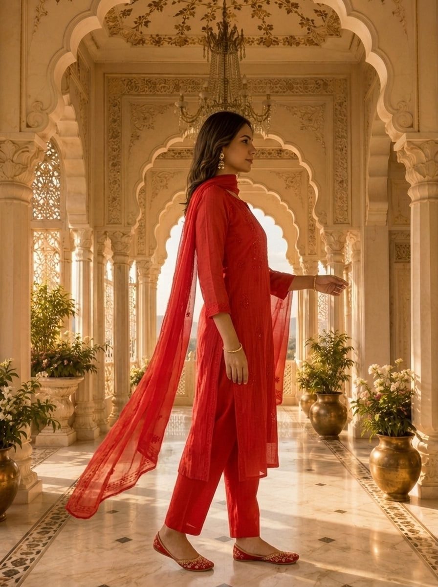 Bright Red Cotton Embroidery Three Piece Set