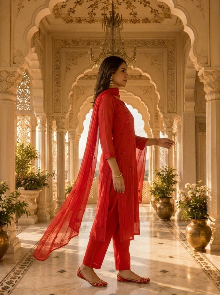 Bright Red Cotton Embroidery Three Piece Set