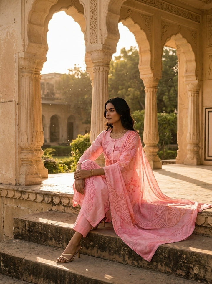 Baby Pink Rayon Floral Printed Three Piece Set
