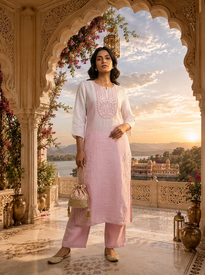 White And Baby Pink Linen Hand Embroidery Two Piece Set