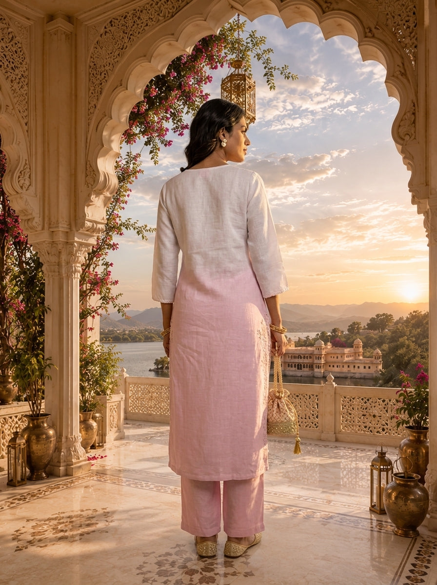 White And Baby Pink Linen Hand Embroidery Two Piece Set