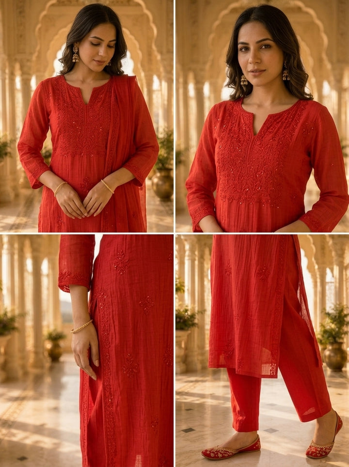 Bright Red Cotton Embroidery Three Piece Set