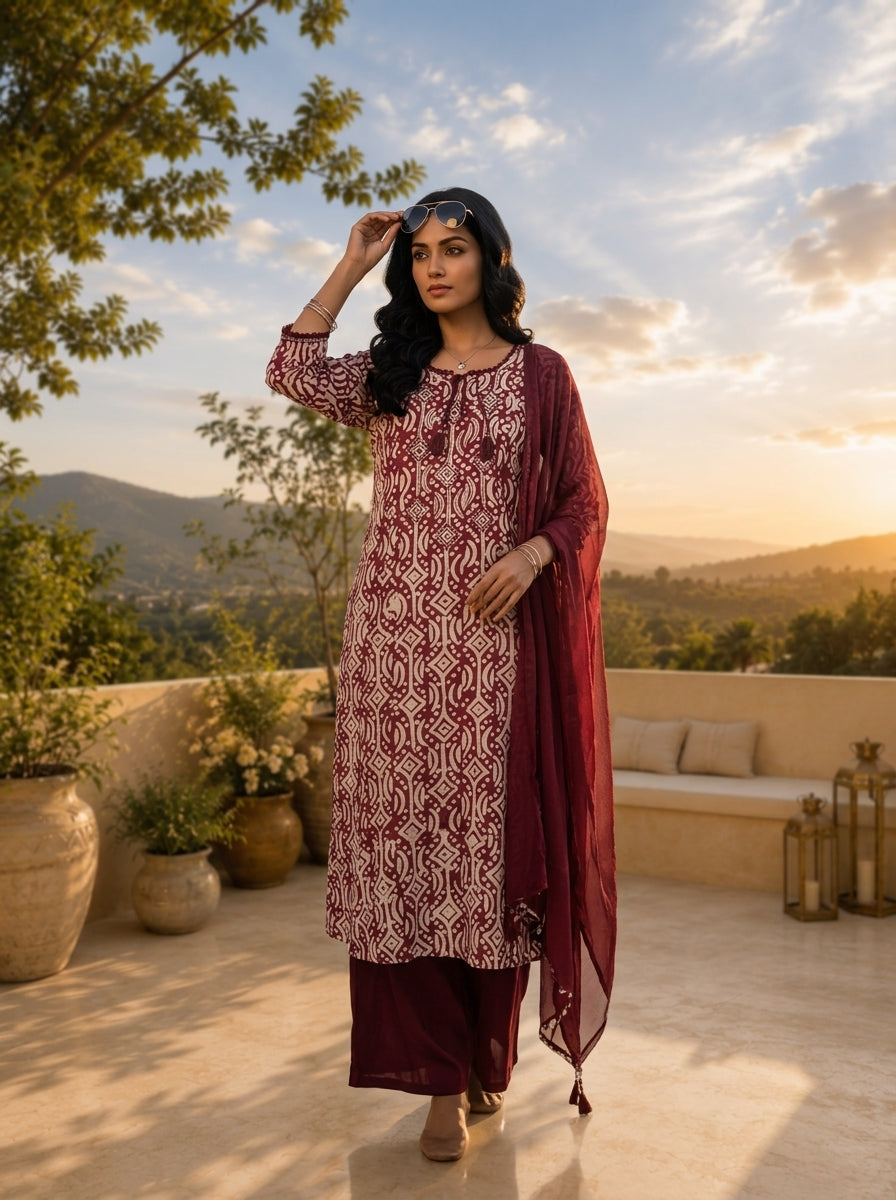 Maroon And White Organza Hand Block Printed Three Piece Set