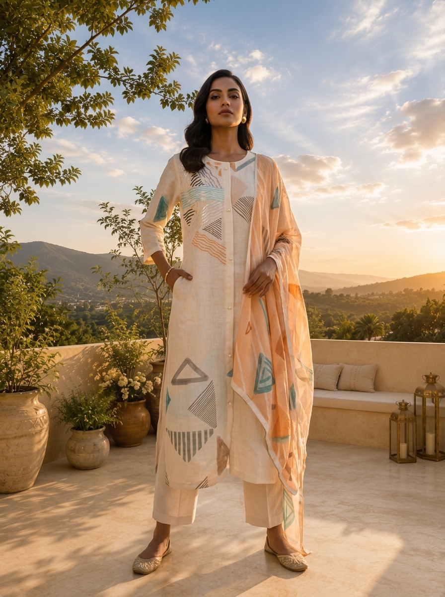 Off White Linen Geometric Printed Three Piece Set