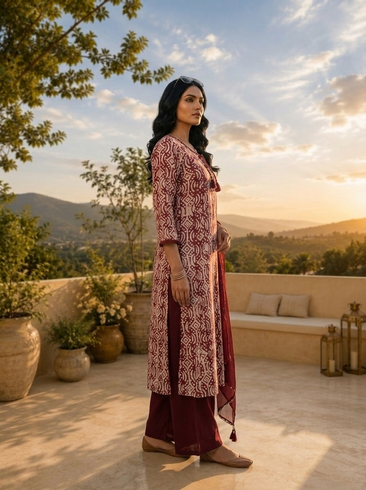 Maroon And White Organza Hand Block Printed Three Piece Set
