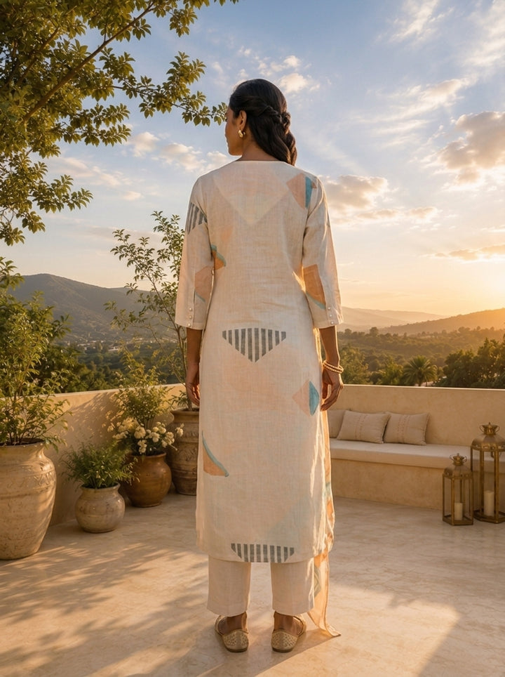 Off White Linen Geometric Printed Three Piece Set