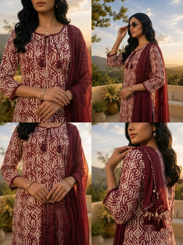 Maroon And White Organza Hand Block Printed Three Piece Set