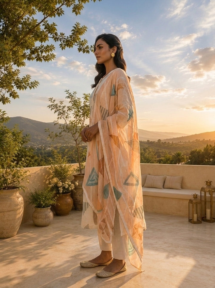 Off White Linen Geometric Printed Three Piece Set
