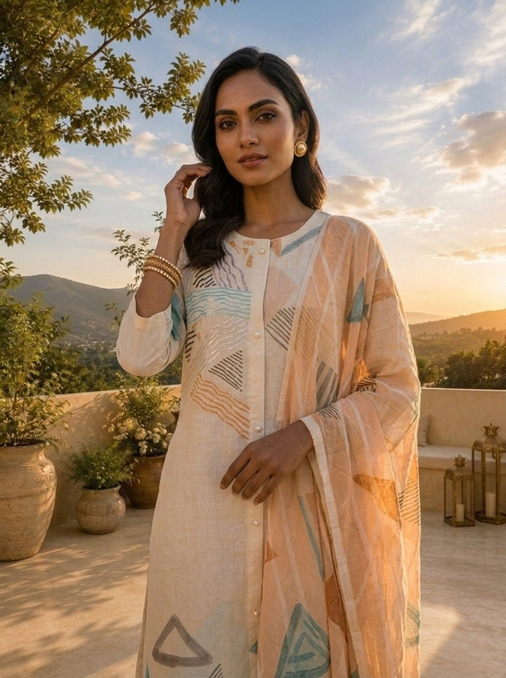 Off White Linen Geometric Printed Three Piece Set